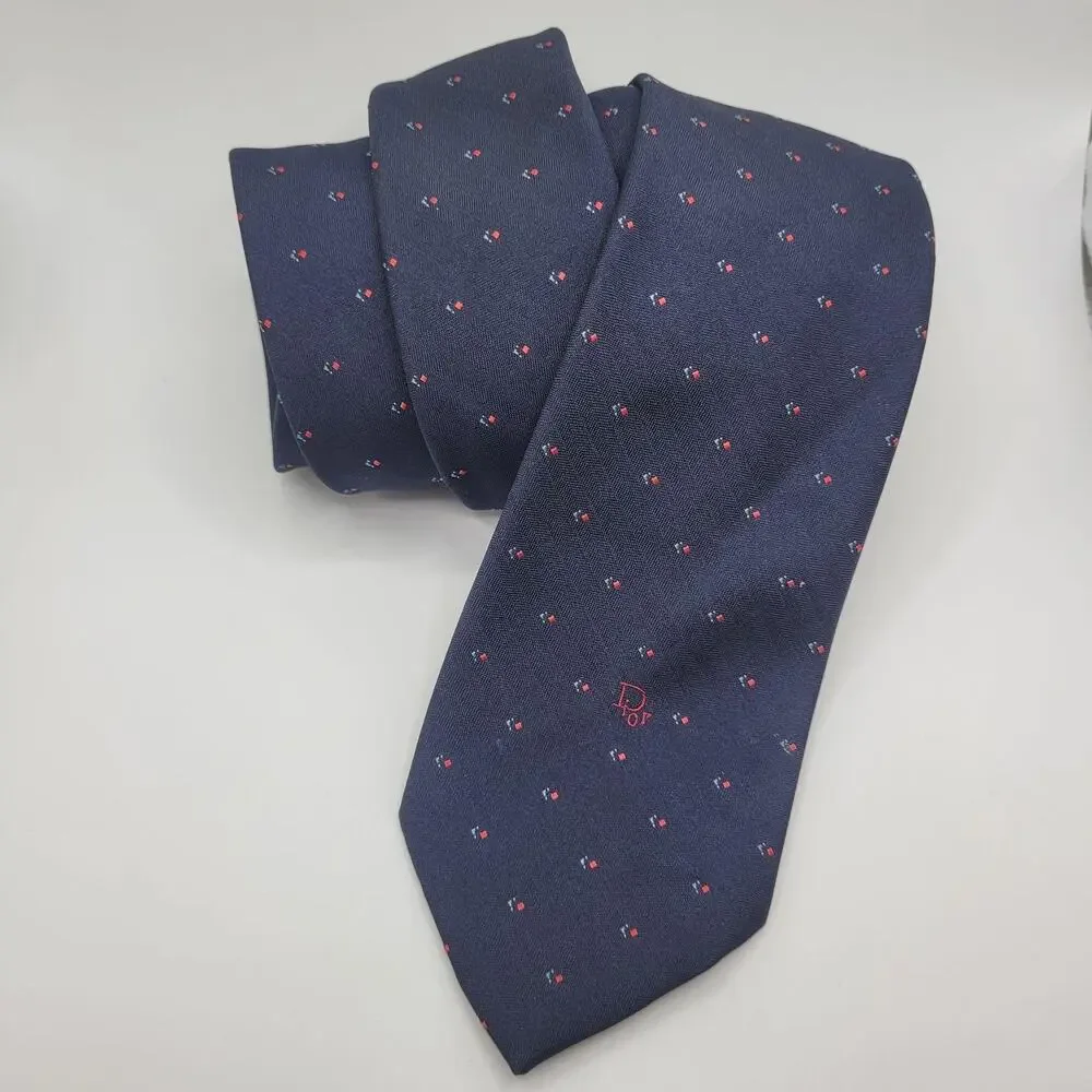 Christian Dior Tie Blue Geometric Silk Blend Logo Necktie USA Classic Designer